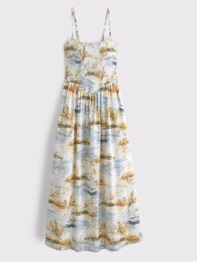 Abercrombie & Fitch Scenic Print Smocked Midi Dress in Blue & Cream